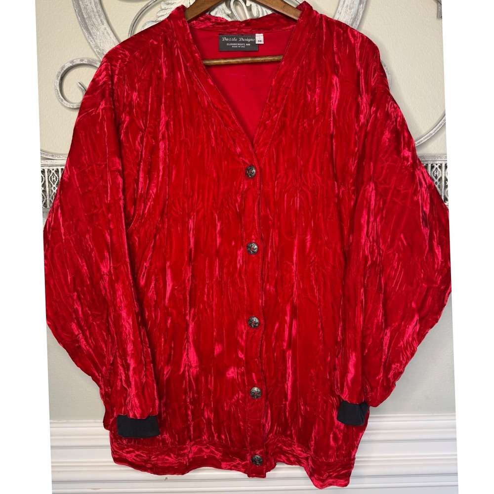 Dazzle Designs Red Crushed Velvet Cardigan Oversized Button Front Jacket Medium
